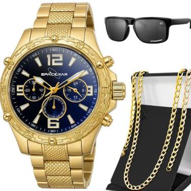Imagem de Relogio Masculino Dourado Aço Inox + Oculos Sol + Cordao social mostra