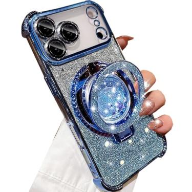 Imagem de Changjia Capa com suporte líquido com glitter para iPhone Pro Max, linda luxuosa cintilante com protetor de câmera, anel fluido, suporte de TPU (poliuretano termoplástico) à prova de choque, capa