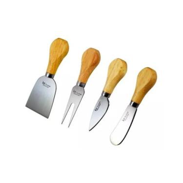 Imagem de Conjunto 4 Peças Para Cortar Queijo Inox com Cabo Madeira Garfo Faca E