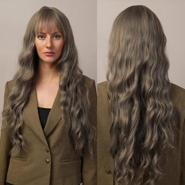 Imagem de Peruca marrom, peruca longa encaracolada com franja apenas para mulheres, cabelo castanho acinzentado, adequado para cosplay, dramas, peças de palco e festas, 78 cm