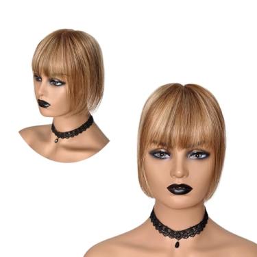 Imagem de FQNing Topper de cabelo humano com franja Real Remy Hair Silk Topper 14 x 13 cm, base de seda macia (morena dimensional com destaques loiros, nível 7/8 raiz, franja T14/8, 25 cm)