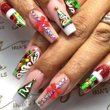 Imagem de Rilafuvu Pregos postiços médios de Natal com design de glitter, vermelho, verde, árvore, strass, guirlanda, unhas postiças, acrílico, cola de inverno, laço para mulheres e meninas, 24 peças