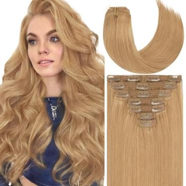 Imagem de Caliee Extensões de cabelo loiro com clipe de cabelo humano trama dupla 55 cm cor lisa natural caramelo loiro macio Remy Clip em extensões de cabelo para cabeça inteira 140 G 7 peças