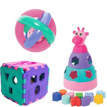 Imagem de Kit Rosa Cubo Didático Girafa Bola Maluquinha Brinquedo Bebe