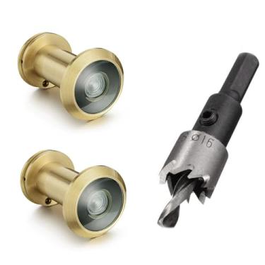 Imagem de TOGU 2 peças de furos de latão sólido de 220 graus para porta com broca de 16 mm, olho mágico de porta de 1,6 cm com privacidade, compatível com porta grossa de 3,5 cm a 6,5 cm, acabamento dourado
