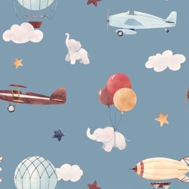 Imagem de VEELIKE Papel de parede vintage aquarela aeronaves descascar e colar azul bonito nuvens elefantes balões papel de parede para berçário meninos quarto sala de jogos 17,7" x 354 polegadas autoadesivo
