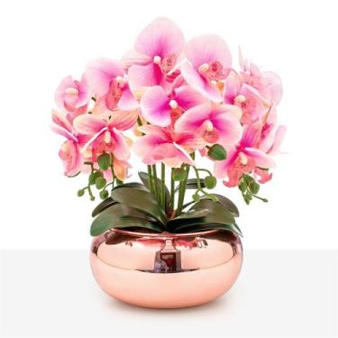 Imagem de Arranjo Orquídea Silicone Toque Real 6 Hastes Vaso Vidro Rosê Espelhad