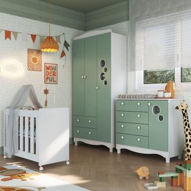 Imagem de Quarto de Bebê Completo Aquarela 4 em 1 com Colchão Carvalho Verde/Branco - Pnr Móveis