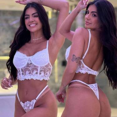 Imagem de Conjunto de Lingerie Sem bojo Bordado de Tule Sensual Calcinha Fio - L