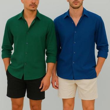 Imagem de Kit 2 Camisa de Linho Blusa Manga Longa Viscose Praia Masculina Muitas