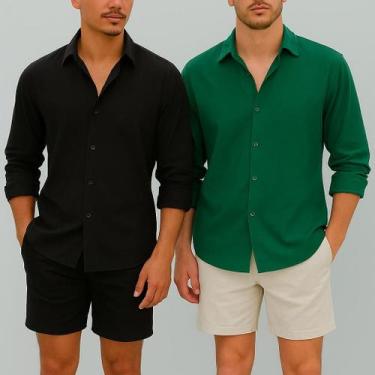 Imagem de Kit 2 Camisa de Linho Blusa Manga Longa Viscose Praia Masculina Muitas