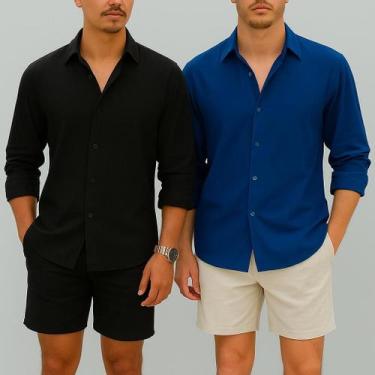 Imagem de Kit 2 Camisa de Linho Blusa Manga Longa Viscose Praia Masculina Muitas