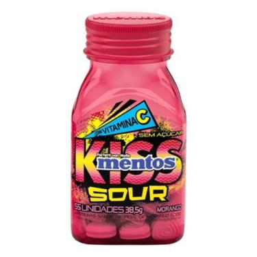 Imagem de Mentos Kiss Sour Morango Vitamina C Zero Açucares Pote 38,5g