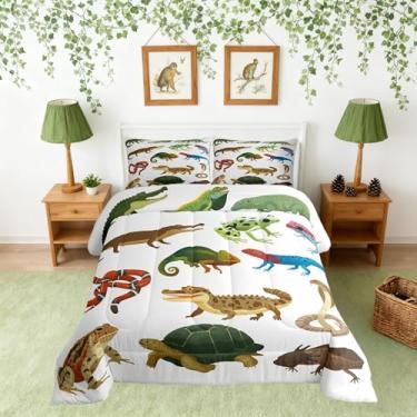 Imagem de Manfei Conjunto de edredom de animais tamanho casal, crocodilo, lagarto, tartaruga, cobra, crianças, desenho animado zoológico, vida selvagem, edredom com enchimento verde amarelo, 2 fronhas