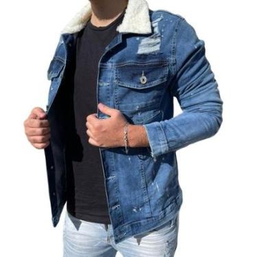 Imagem de Jaqueta Jeans Slim Destroyed Masculina Com Respingos Pelinho Na Gola-Masculino