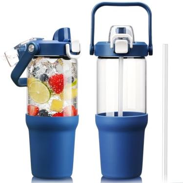 Imagem de HYDRAGLAZIC Copo de vidro com alça de transporte, garrafa de água de vidro transparente com tampa à prova de vazamento, tampa de bico e canudo, livre de BPA, 947 ml, DBlue
