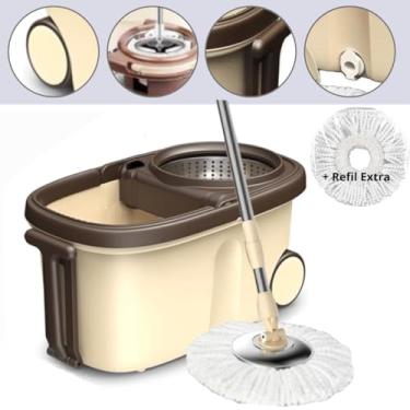 Imagem de Balde Mop Esfregão Giratório, Balde de 12L, Cesto Centrífuga 360º em Aço Inox, Limpeza, Move, Qualquer Tipo de Piso, Não Risca, Nem Solta Fiapos, Alça com Angulação, 1 Refil Extra (Marron)