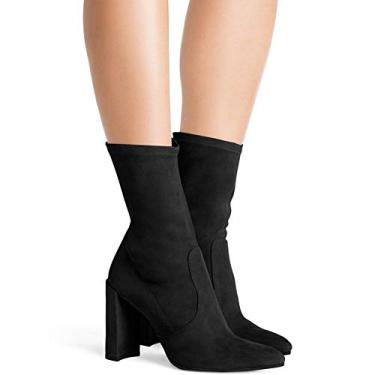 Imagem de Bigfanshu Botas femininas outono e inverno salto alto grosso pontiagudo branco moda bota de tornozelo tendência banquete, Preto, 45 M EU