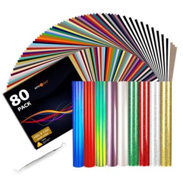 Imagem de HTVRONT Pacote de vinil de transferência de calor HTV: pacote com 80 30,5 cm x 25,4 cm ferro em vinil para camiseta, 39 cores sortidas com acessórios de vinil pinças para Silhouette Cameo ou máquina