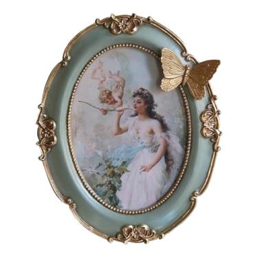 Imagem de IEUDNS Moldura oval vintage para fotos, para pendurar na parede ou para mesa, porta-cartões para casa de fazenda, Verde