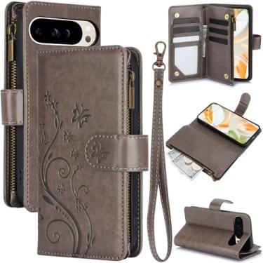 Imagem de Capa carteira para Google Pixel 9 Pro XL, couro sintético e TPU à prova de choque, 6 compartimentos para cartões/compartimento para dinheiro/bolso com zíper, fecho magnético, alça de pulso removível