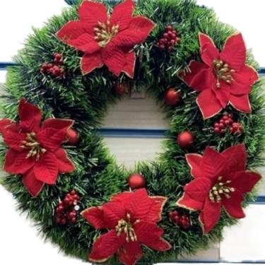 Imagem de Guirlanda Natalina 38Cm De Natal Decorativa Para Porta Com Flores Vermelhas Douradas Decoração