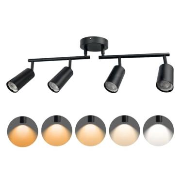 Imagem de Jolux Kit de iluminação de pista de 4 luzes LED, holofotes de teto pretos, luminária moderna com cabeças de luz giratórias flexíveis para cozinha, sala de estar