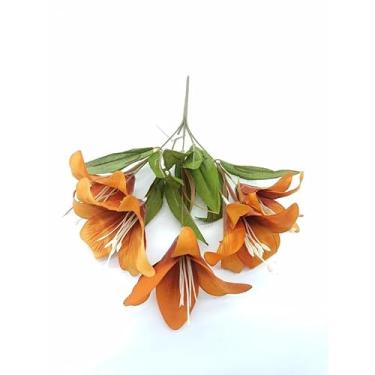 Imagem de Buquê de Lírio Artificial com 5 Flores – Galho Decorativo 33cm para Arranjos, Festas e Decoração de Casa (Cores Diversas)(abóbora)