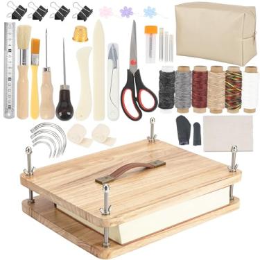 Imagem de FUXAFU 50 kits de encadernação de livros, prensa de livros de madeira de 38 x 29 cm, materiais de encadernação de livros, com pasta de osso, furador, agulhas para encadernação de livros DIY, conserto