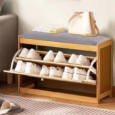 Imagem de Banco Sapateira em Bambu, 70 * 24 * 44 cm, Armário para Sapatos com Tampa Tipo aba, Almofada Acolchoada para Assento, com Capacidade para Suportar Até 90 kg, Adequada para Guardar Chinelos e Sapatos