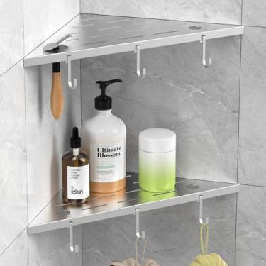 Imagem de SZWQILIN Prateleiras de chuveiro de canto, prateleira embutida de aço inoxidável 304 prata 25,4 cm para banheiro, rejunte com ganchos para parede de azulejo, pacote com 2 (prata)