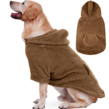 Imagem de IDOMIK Suéter Fuzzy Dog com capuz ajustável, suéter de lã quente para cachorro com orifício e bolso, pulôver para cães grandes, moletom com capuz felpudo para outono, inverno, Natal, marrom, 3GG
