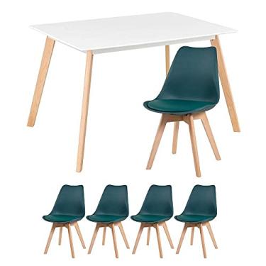 Imagem de Loft7, Mesa de jantar retangular 80 x 120 cm branco + 4 cadeiras estofadas Leda verde escuro