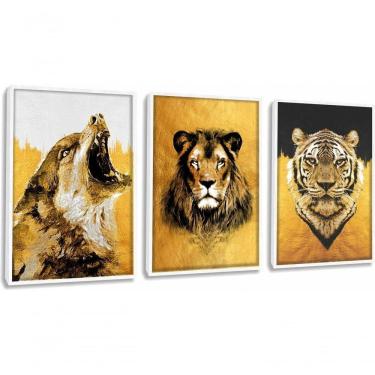 Imagem de Quadro Decorativo Pintura Lobo, Leão, Tigre Com Moldura Branco