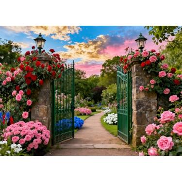 Imagem de DePhoto 2,8 x 1,8 m para primavera, verão, jardim, floral, natureza, paisagem, flores desabrochando, verde, clássico, para primavera, festa de aniversário, casamento, chá de bebê, decoração de vinil