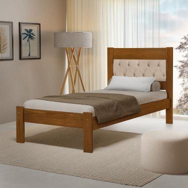 Imagem de Cama de Solteiro Viena com Cabeceira Captonê Veludo Bege Madeira Castanho