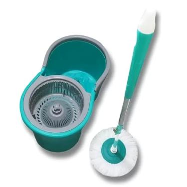 Imagem de Esfregão Mop compacto Giratório com Balde e Sistema de Centrifugação de plastico Cabo de plástico e metal 104x13,5x13,5cm com Refil de Microfibra