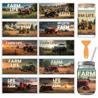 Imagem de arricraft 10 adesivos de transferência de copos de PVC com tema de vida agrícola, adesivos coloridos vintage de campos de trator UV à prova d'água para copos de 473 ml, decoração de impressão de casa