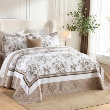 Imagem de SOElinens Colchas Queen Queen 102 x 120 - Conjunto de colcha queen extragrande floral de jardim, 3 peças, leve, fino, conjunto de edredom com 2 fronhas, 100% algodão, marrom/branco