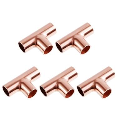Imagem de FOCMKEAS 5 peças de encaixes de tubulação de cobre, 1/4 polegada Cupreous Coupling Tee Fittings ID 6,35 mm com espessura de parede 0,7 mm Tubo de cobre de três vias para equipamentos de resfriamento