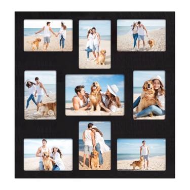 Imagem de YESKAY Colagem de porta-retratos para fotos 10 x 15 x 17 - Moldura preta rústica com 9 aberturas com vidro verdadeiro, molduras de família, decoração de parede ou mesa (pacote com 1)