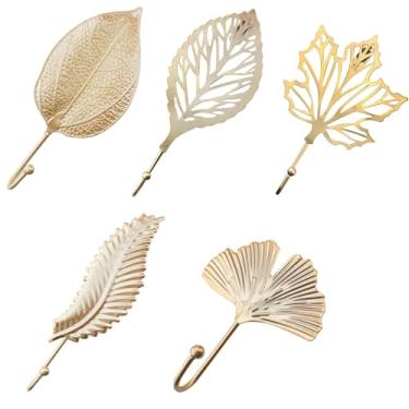 Imagem de CHENJIN 5 peças de ganchos montados na parede em forma de folha de ouro, cinco formas, orifício invisível, tipo de pendurar nas costas, decoração de armário, arte de ferro, ganchos únicos para lojas