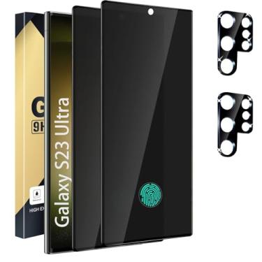 Imagem de Xiezezei Pacote com 2 + 2 protetores de tela de privacidade compatíveis com Galaxy S23 Ultra 5G - 2 películas de vidro temperado + 2 protetores de lente de câmera, alta clareza, sem bolhas, proteção