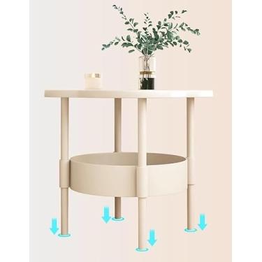 Imagem de Mesa lateral redonda moderna de 2 camadas, branco creme, armazenamento compacto, montagem fácil