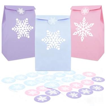 Imagem de JarThenaAMCS 36 peças de sacos de lembrancinha de festa de inverno rosa azul roxo sacos de presente de papel floco de neve com adesivos sacos de doces para presente de Natal aniversário chá de bebê