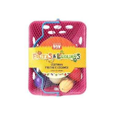Imagem de Brinquedo Educativo Infantil, Cestinha com Frutas e Legumes, Plástico PEAD, Rosa, 19x15cm, com Alças, para Crianças Acima de 3 Anos