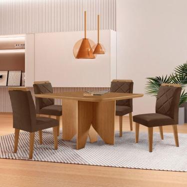 Imagem de Mesa Evora 90 Mdf Canto Copo E Com 4 Cadeiras Melissa Veludo Marrom Naturalle