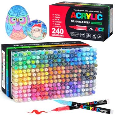 Imagem de Astriscribe 240 marcadores de tinta acrílica, marcadores de acrílico com ponta de pincel macio para pintura rupestre, madeira, pedra, vidro, tela, tecido, cerâmica - canetas marcadoras acrílicas à