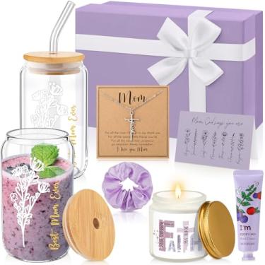 Imagem de SilTriangle 10 peças de presentes cristãos para mãe fé religiosa conjunto de caixa de presente de Natal para mãe mulheres copo de vidro vela colar cruz creme para as mãos laço de cabelo cartão de