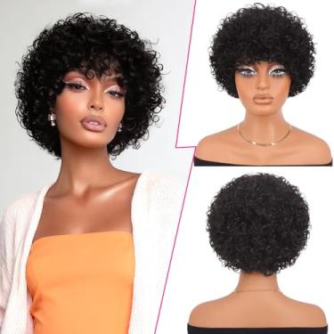 Imagem de PEACOCO Peruca Bob Curto Curto Cabelo Humano Afro Crespo Encaracolado Perucas de Cabelo Humano para Mulheres Negras 20 cm Peruca Curta Encaracolada com Franja Sem Cola, 1B